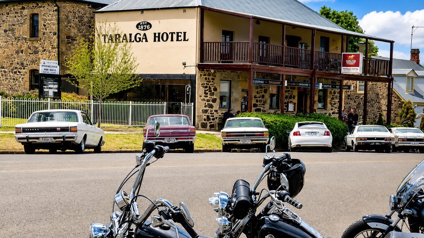 Historic Taralga Hotel with motorcycles parked outside, New South Wales, Australia
