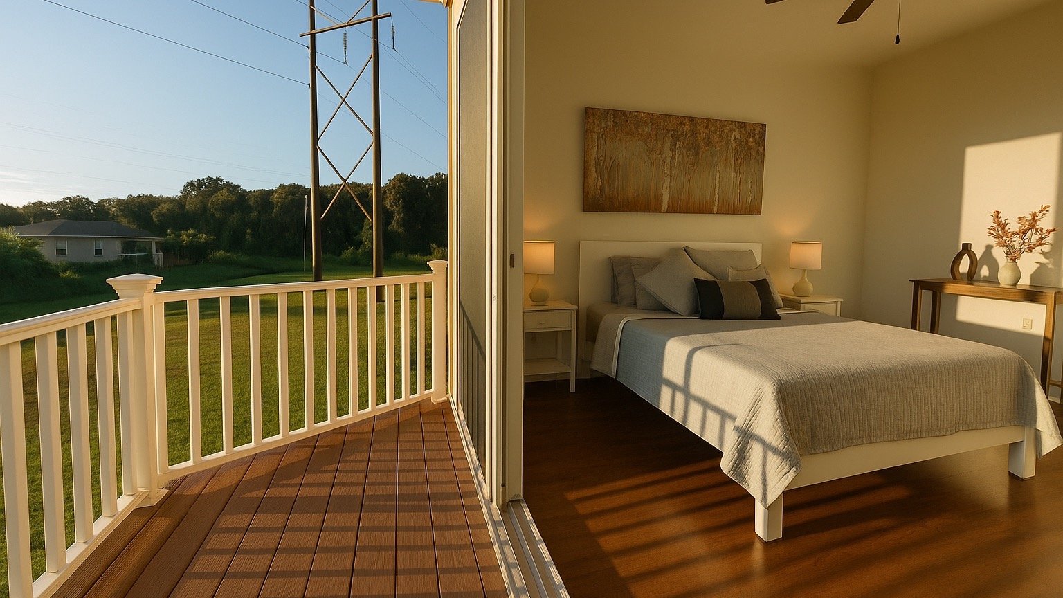 Real estate photography of a bedroom and deck with backyard view, Florida