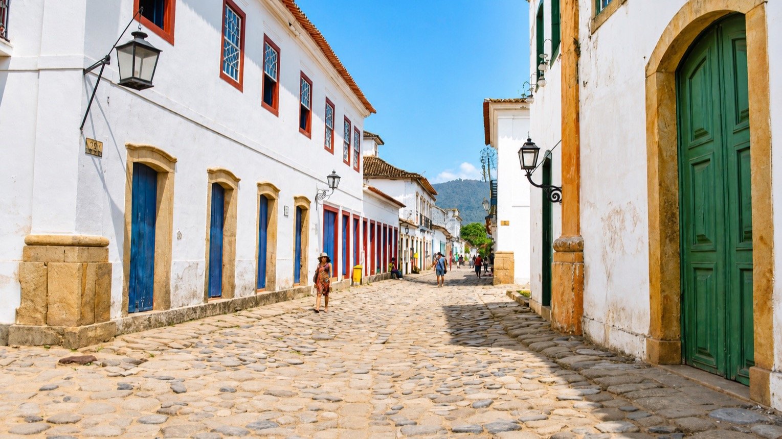 Cobblestone colonial street with colorful doors, Paraty, Brazil